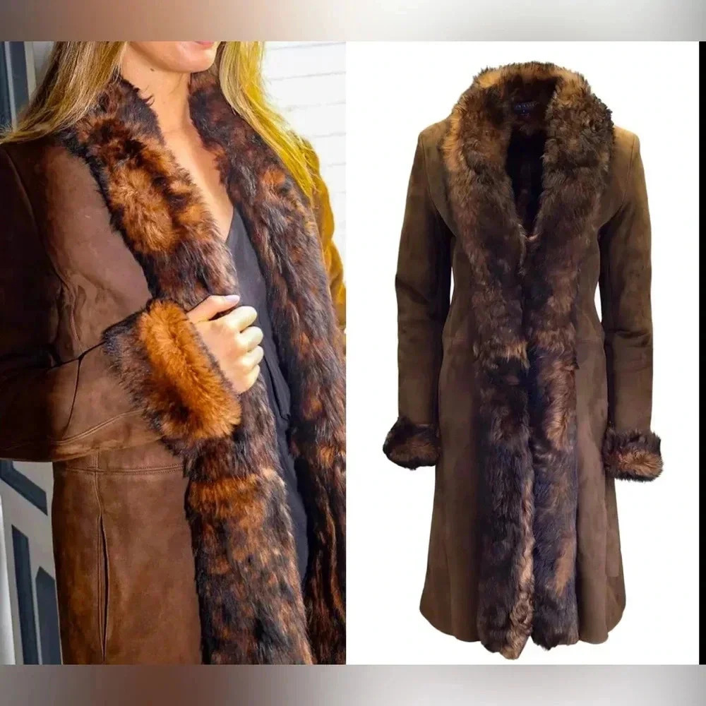 Ralph Lauren Collection Purple Label Shearling Fur Coat Brown Leather Suede 8 M